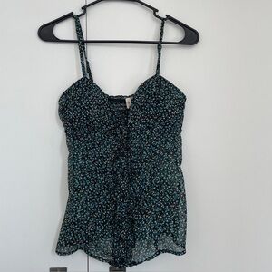 Y2K‎ Blue & Black Floral Ruffle Smocked Button Front Cami Size Small